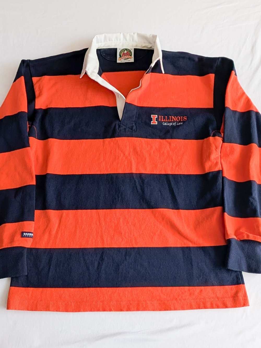 Vintage Rugby Barbarian Illinois College Of Law Polo Shirt Stripe Orange Navy XL